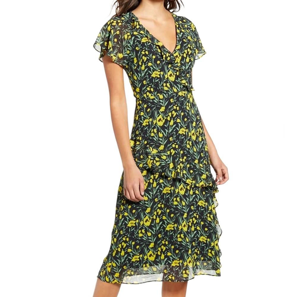 SALE All In Favor Flutter Sleeve Chiffon Ruffle Dress Knee Length Floral Print L